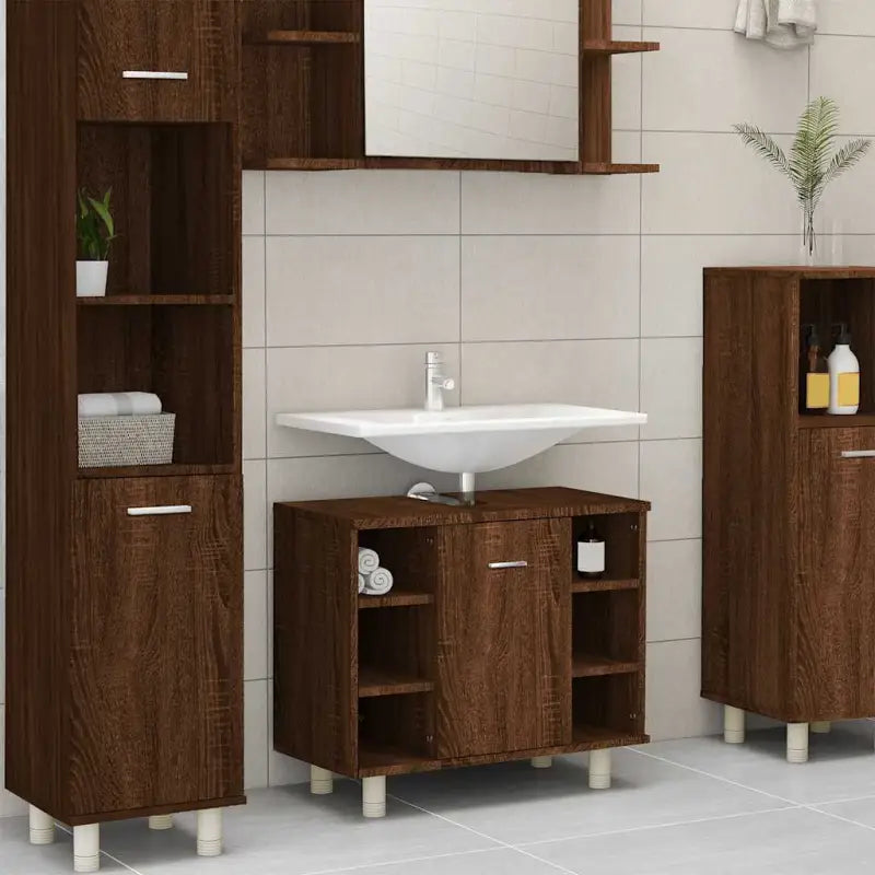 Badkamermeubelset met bewerkt hout voor extra opbergruimte - bruin eikenkleur - Badkamermeubelsets