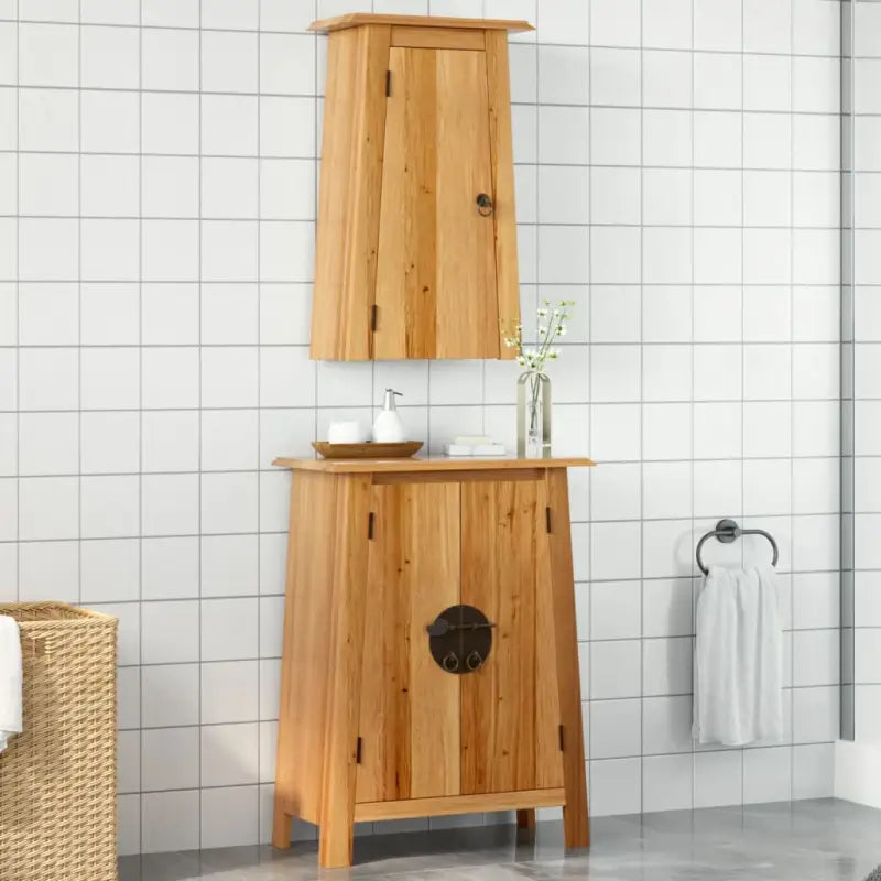 Badkamermeubelset met muur gemonteerd van massief grenenhout - Bijzetkast + muurkast - Badkamermeubelsets