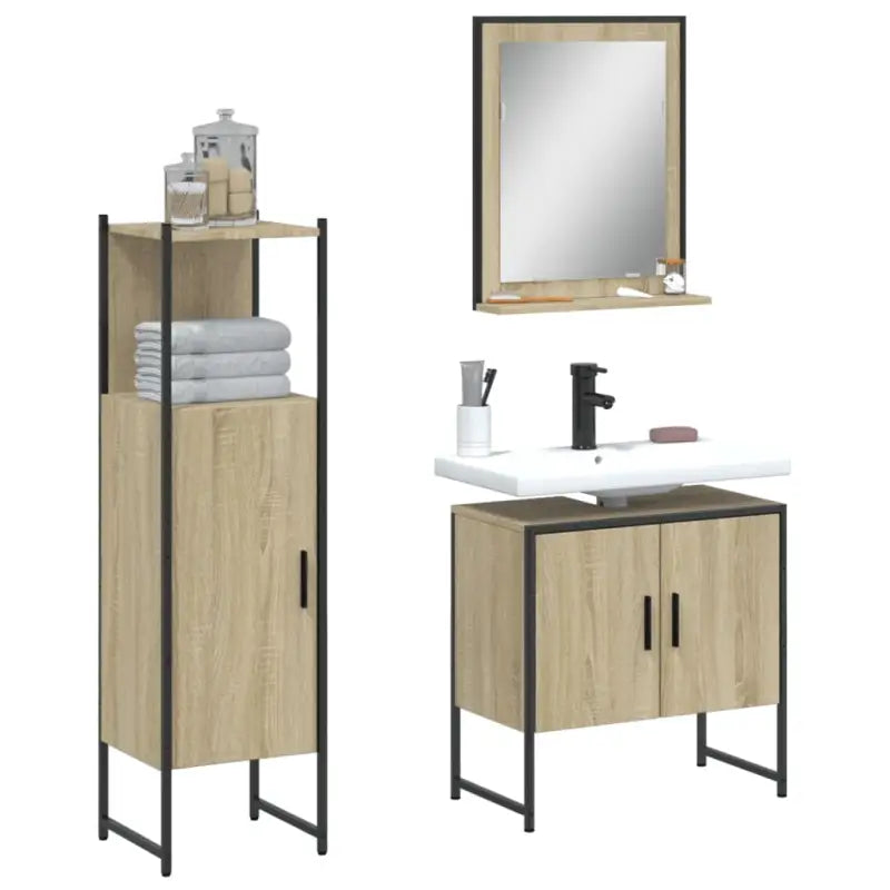 Badkamermeubelset met stevige constructie en bewerkt hout - Sonoma eiken - Badkamermeubelsets