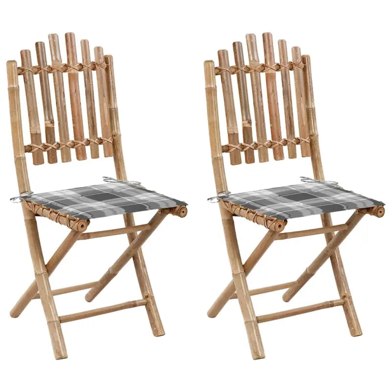 Bamboe tuinstoelen set met touwtjes voor buiten eten - Grijs ruitpatroon / 2 / 40 x 40 x 4 cm - Tuinstoelen