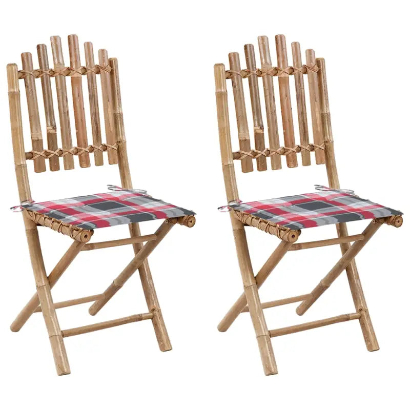 Bamboe tuinstoelen set met touwtjes voor buiten eten - Rood ruitpatroon / 2 / 40 x 40 x 4 cm - Tuinstoelen