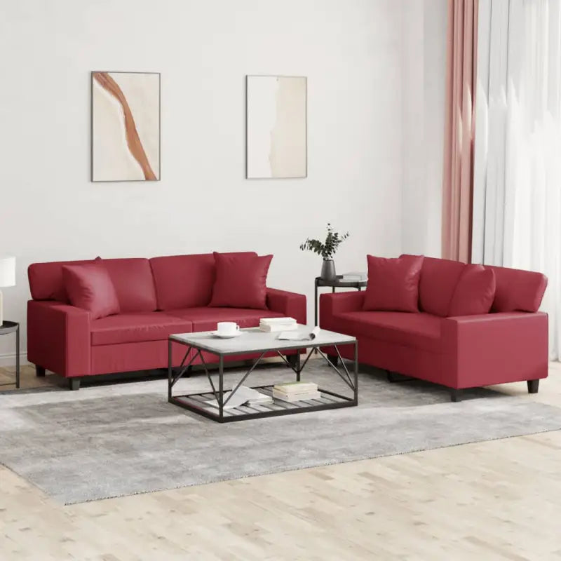 Banken loungeset met totale afmetingen en duurzaam kunstleer - Wijnrood / met kussens - Banken