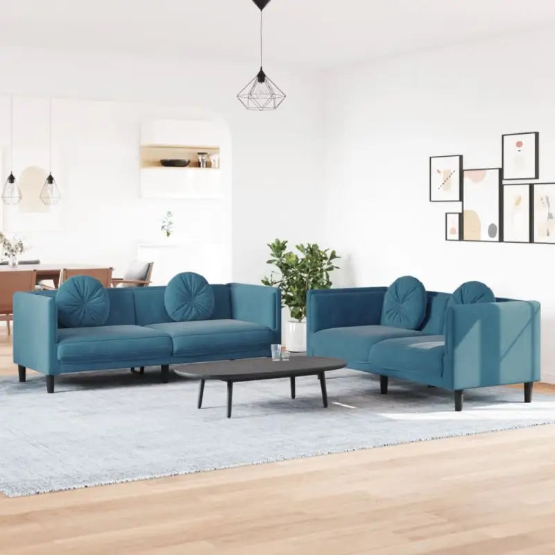 Banken loungeset met zachte fluweelstof en comfortabele totale afmetingen - Blauw / 2-zits + 3-zits - Banken