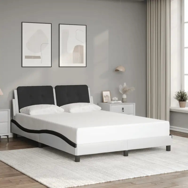 Bedframe met hoofdeinde in grijs materiaal en multiplex lattenbodem - Wit en zwart / 120 x 200 cm - Bedden & bedframes