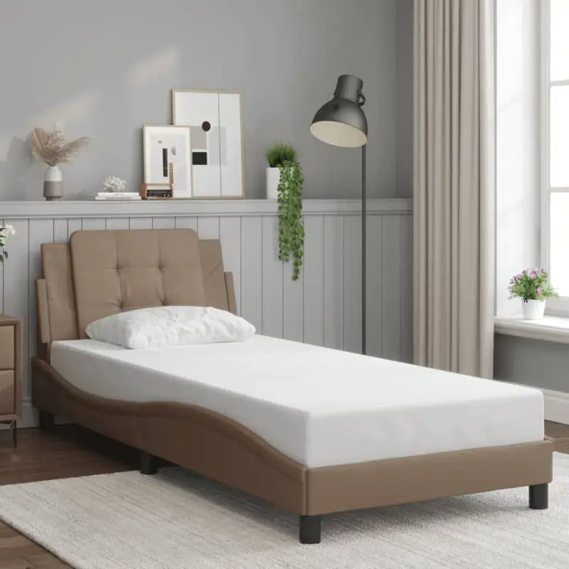 Bedframe met hoofdeinde in grijs materiaal en multiplex lattenbodem - Cappuccino / 90 x 200 cm - Bedden & bedframes