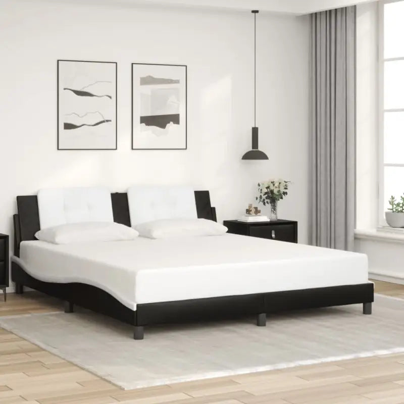 Bedframe met hoofdeinde in grijs materiaal en multiplex lattenbodem - Zwart en wit / 180 x 200 cm - Bedden & bedframes