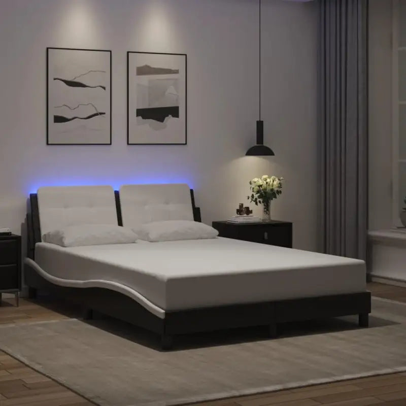 Bedframe met LED-verlichting en multiplex lattenbodem in wit materiaal - Zwart en wit / 140 x 200 cm - Bedden &
