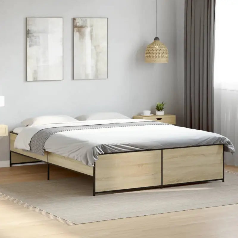 Bedframe met metalen poten en multiplex lattenbodem in grijs sonoma eiken - Sonoma eiken / 160 x 200 cm - Bedden &