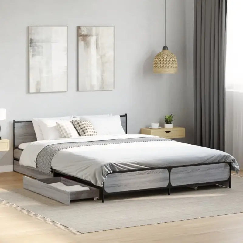 Bedframe met metalen poten en multiplex lattenbodem van bewerkt hout - Grijs sonoma / 150 x 200 cm - Bedden & bedframes
