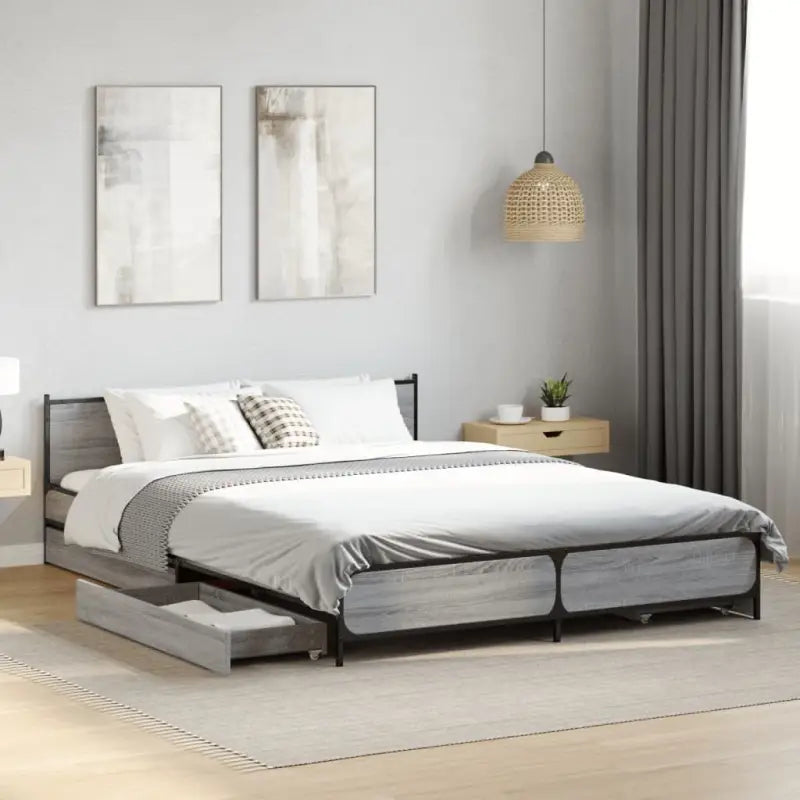 Bedframe met metalen poten en multiplex lattenbodem van bewerkt hout - Grijs sonoma / 140 x 200 cm - Bedden & bedframes