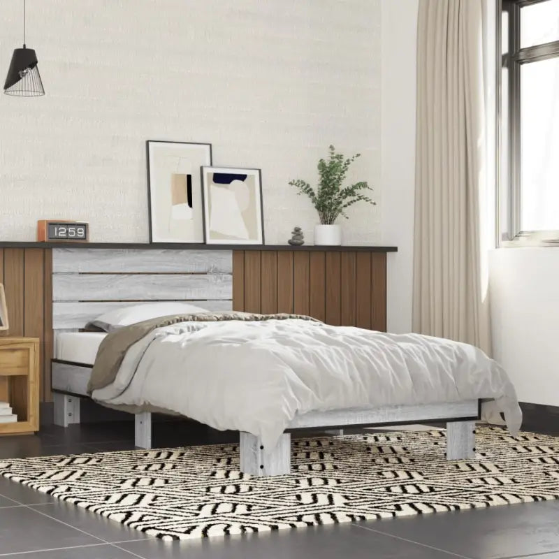 Bedframe met metalen poten en multiplex lattenbodem van bewerkt hout - Grijs sonoma / 75 x 190 cm - Bedden & bedframes