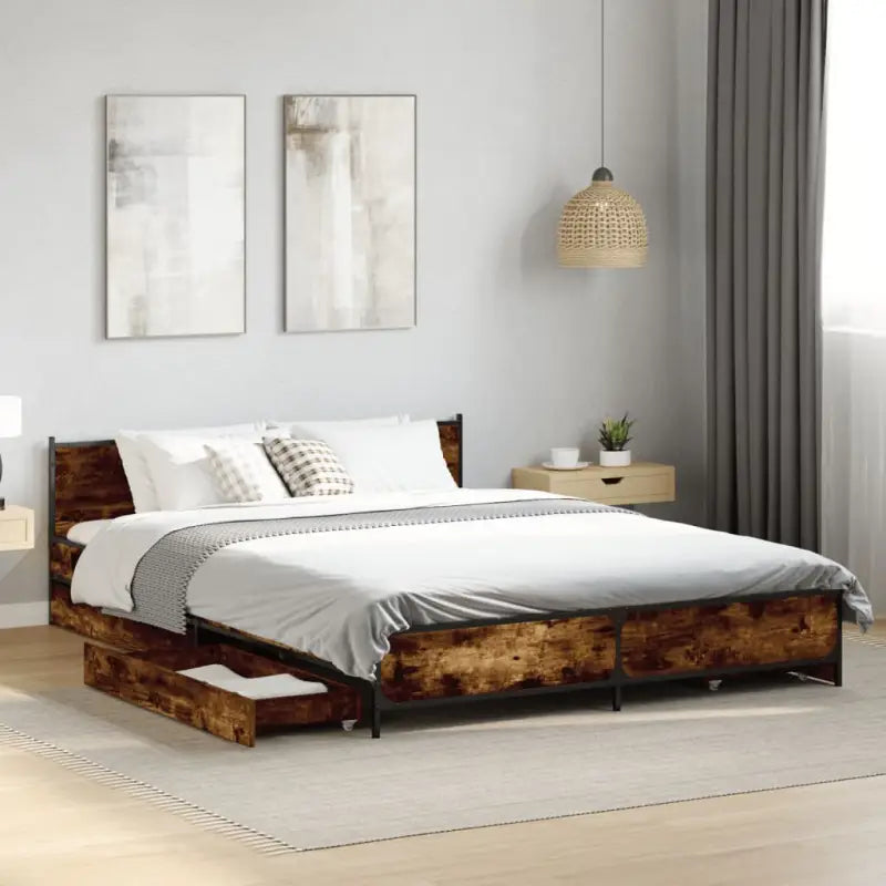 Bedframe met metalen poten en multiplex lattenbodem van bewerkt hout - Gerookt eiken / 120 x 200 cm - Bedden & bedframes