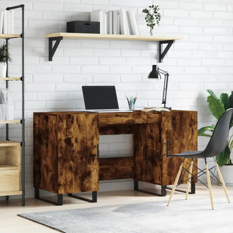 Bureau van bewerkt hout met hoogglans wit voor een elegante werkomgeving - Gerookt eiken - Bureaus