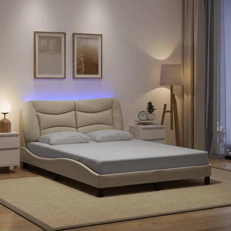 Crème bedframe met LED-verlichting en multiplex lattenbodem - Bedden & bedframes