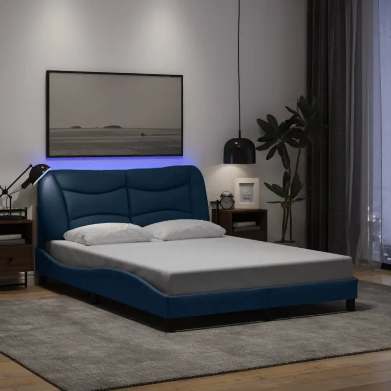 Crème bedframe met LED-verlichting en multiplex lattenbodem - Blauw / 140 x 200 cm - Bedden & bedframes
