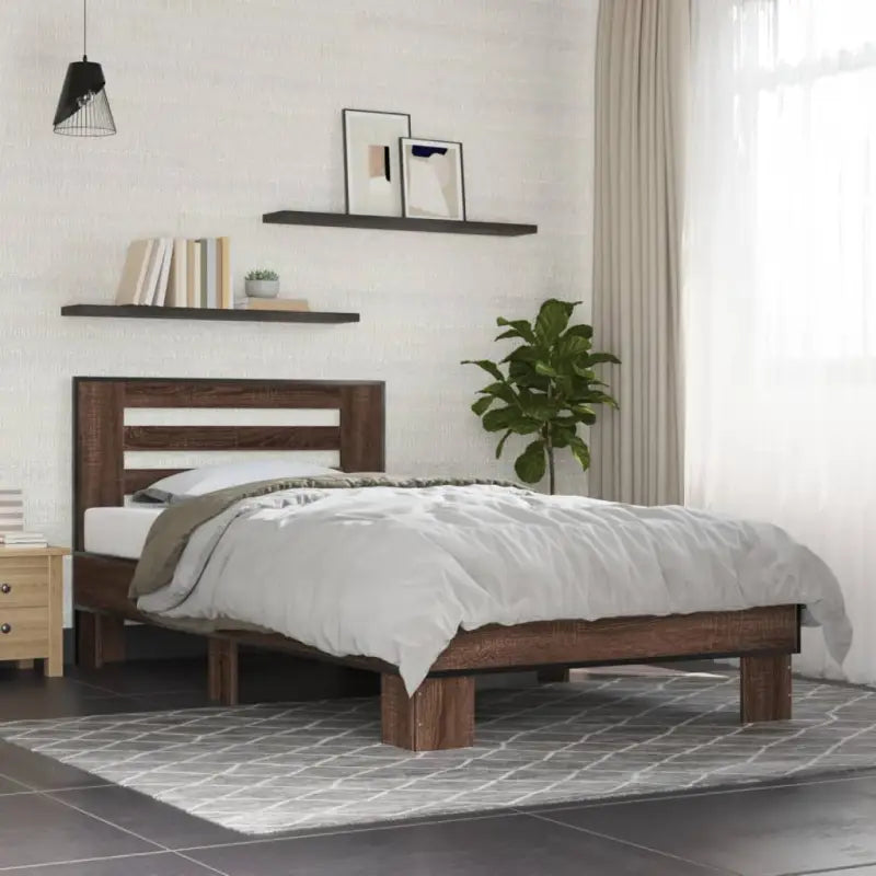 Duurzaam bedframe met bewerkt hout en multiplex lattenbodem - bruin eikenkleur / 100 x 200 cm - Bedden & bedframes