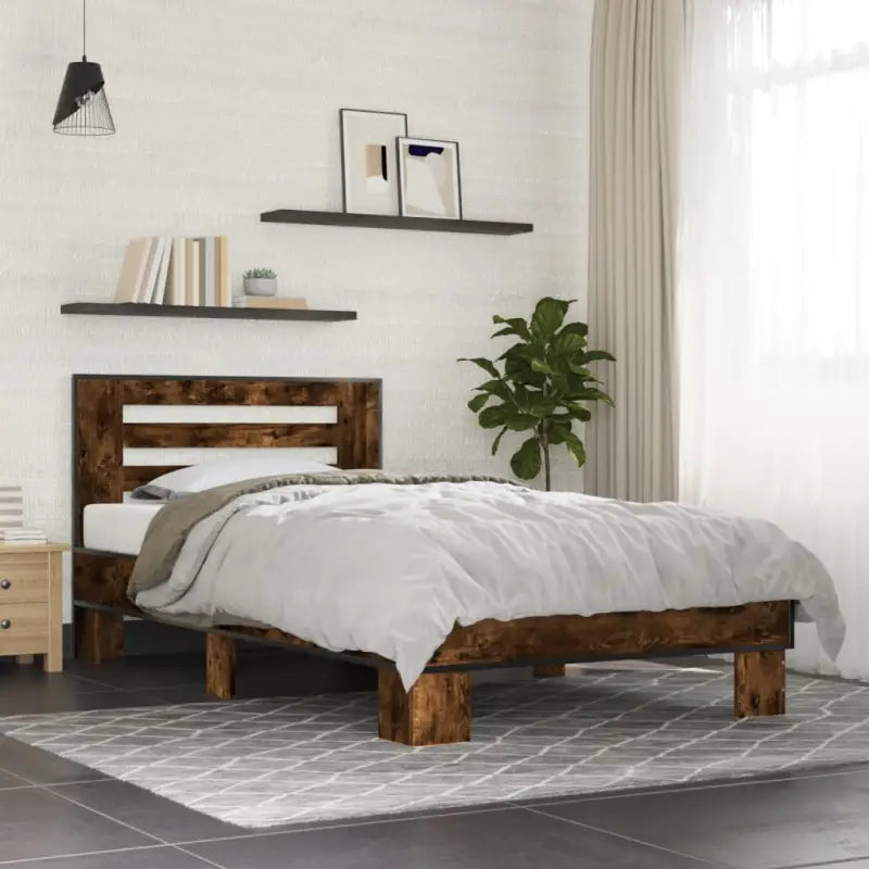 Duurzaam bedframe met bewerkt hout en multiplex lattenbodem - Gerookt eiken / 90 x 190 cm - Bedden & bedframes