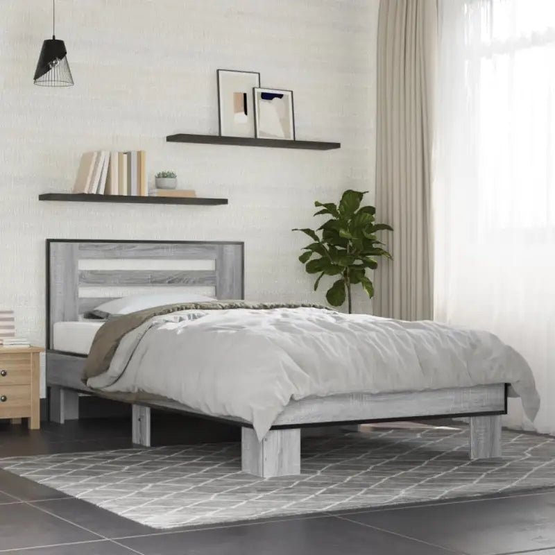 Duurzaam bedframe met bewerkt hout en multiplex lattenbodem - Grijs sonoma / 75 x 190 cm - Bedden & bedframes