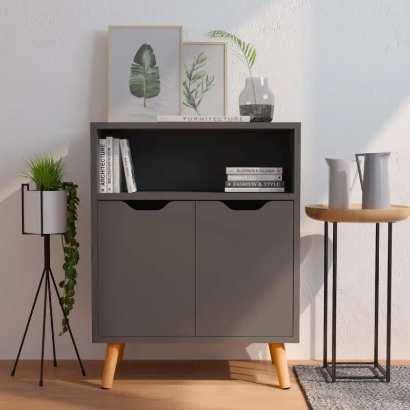 Ervaar elegantie met een dressoir van hoogglans wit en bewerkt hout - Grijs / 1 - Dressoirs & buffetkasten