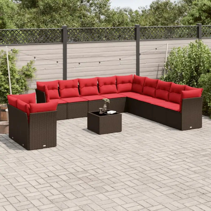 Gepoedercoat staal loungeset met poly rattan voor een comfortabele zitervaring - Bruin en rood / Met tafel - Tuinsets