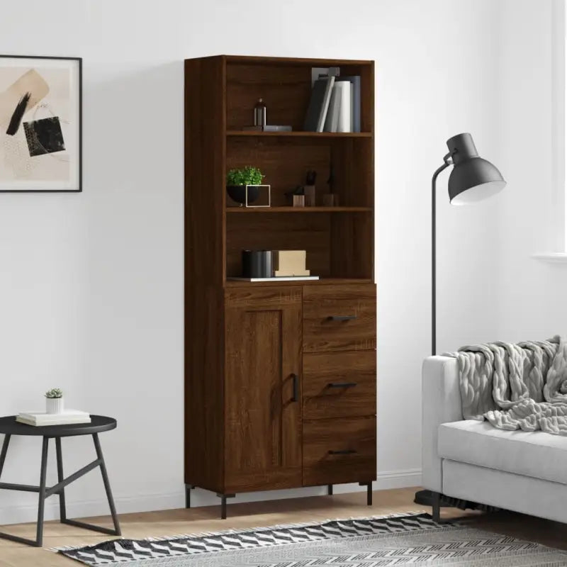 Hoge kast van bewerkt hout met duurzame charme en unieke stijl - bruin eikenkleur / 1 / 1 houten deur 3 lades