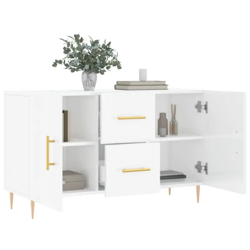 Hoogglans wit dressoir met bewerkt hout en metalen poten - Dressoirs & buffetkasten