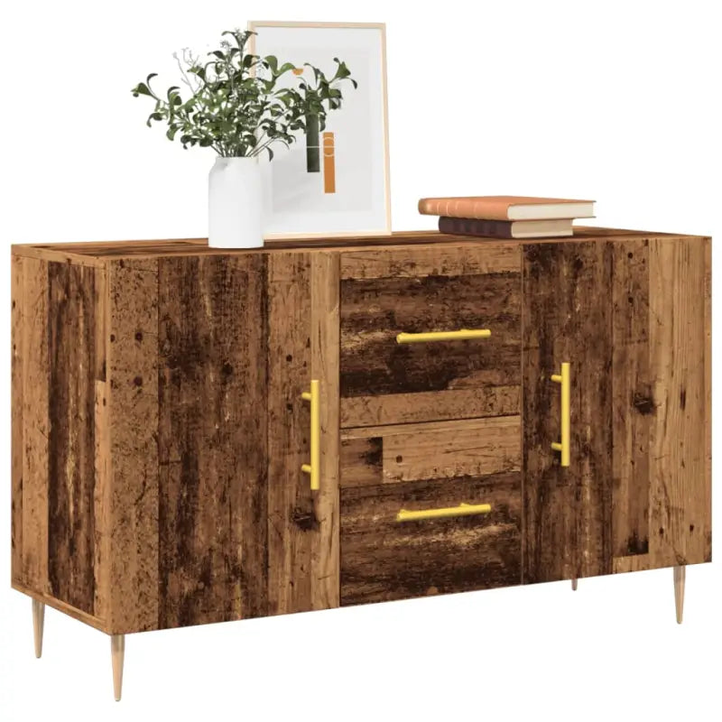 Hoogglans wit dressoir met bewerkt hout en metalen poten - Oud hout / 1 - Dressoirs & buffetkasten
