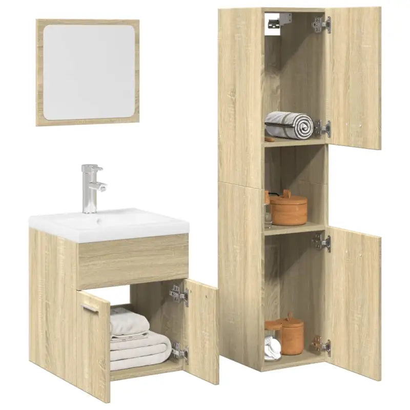 Hoogglans witte badkamermeubelset met hoge kast en bewerkt hout - Sonoma eiken / 41 x 38.5 x 46 cm / 3