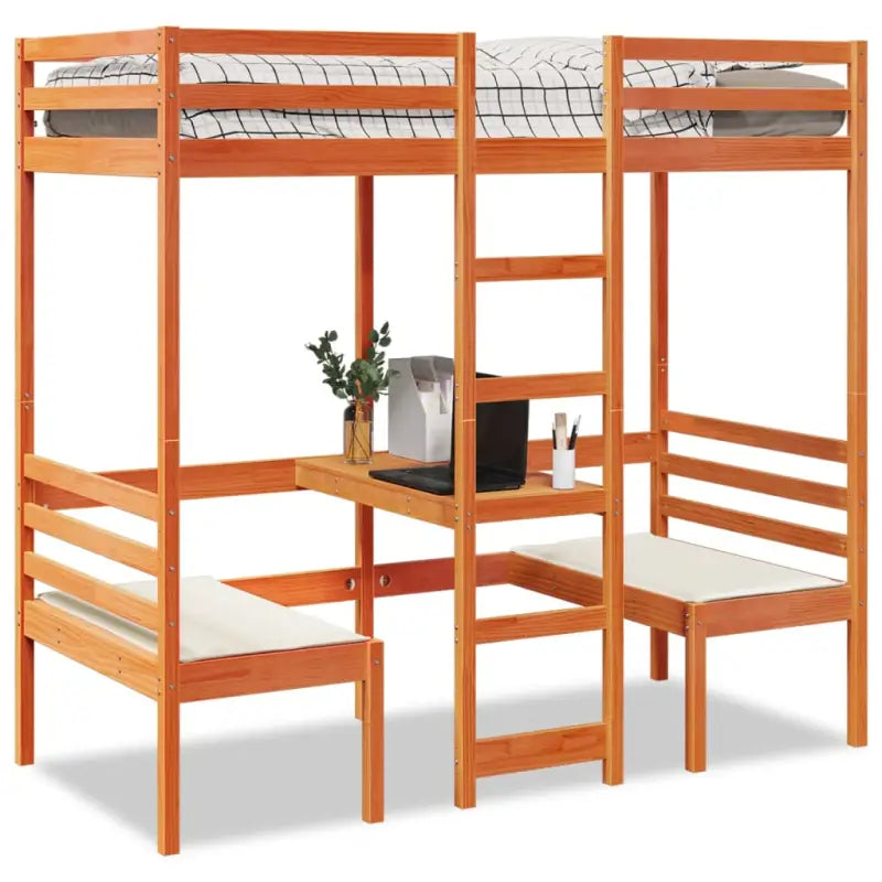 Hoogslaper met bureau in massief grenenhout voor beperkte ruimte - Wasbruin / 75 x 190 cm - Bedden & bedframes