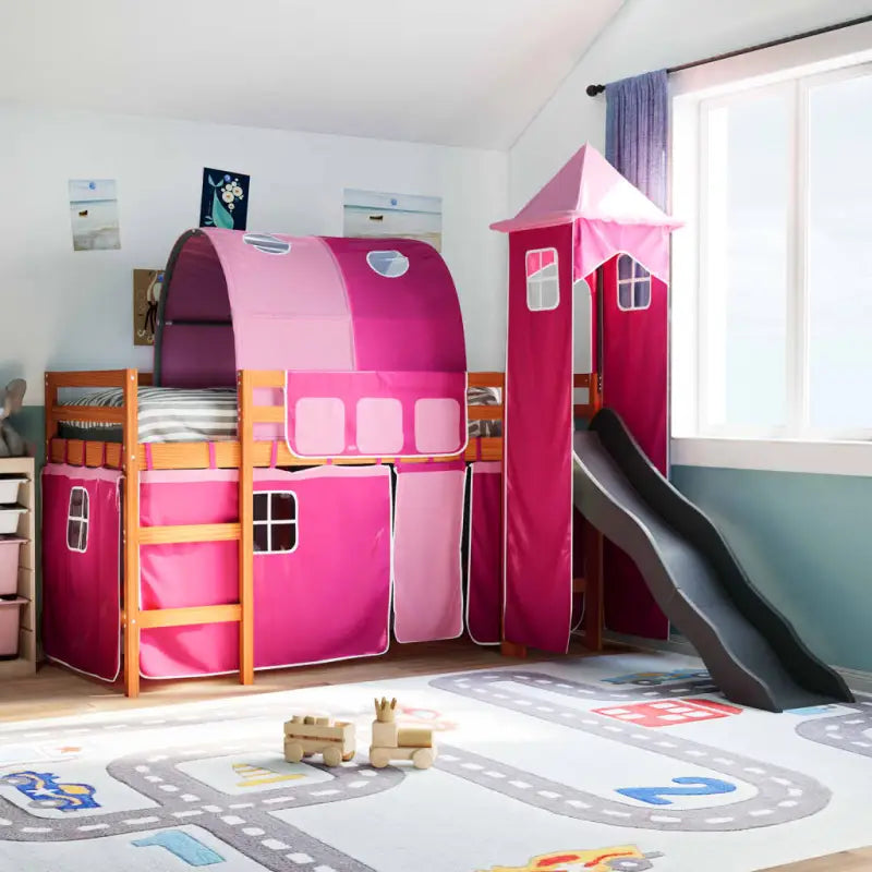 Hoogslaper voor kinderen van massief grenenhout met ruimtelijke functie - bruin en roze / 90 x 190 cm - Bedden &
