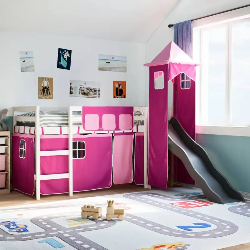 Hoogslaper voor kinderen van massief grenenhout voor plezier en ruimtebesparing - Wit en roze / 80 x 200 cm - Bedden &
