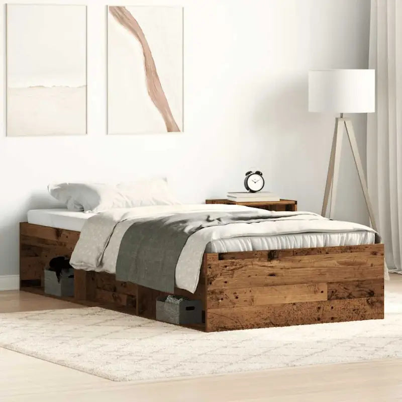 Houten bedframe met multiplex lattenbodem voor een moderne slaapkamer - Oud hout / 75 x 190 cm - Bedden & bedframes