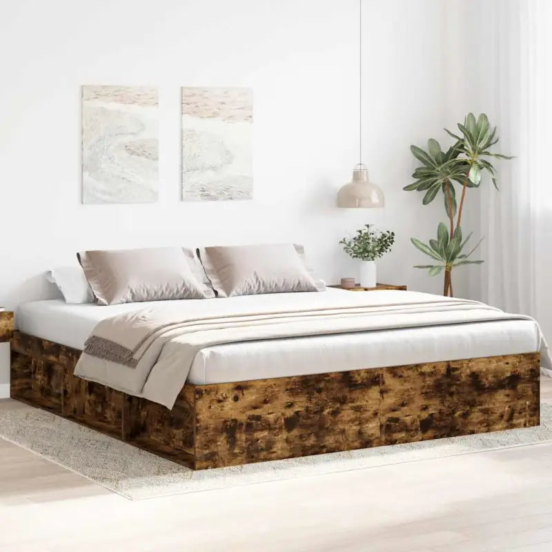Houten bedframe met multiplex lattenbodem voor een moderne slaapkamer - Gerookt eiken / 180 x 200 cm - Bedden &