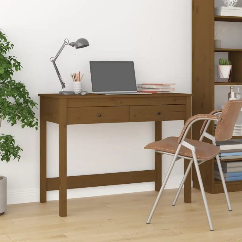 Houten bureau van massief grenenhout voor een elegante studeer- of werkruimte - Honingbruin - Bureaus