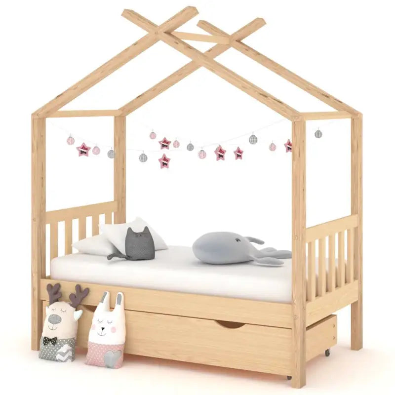 Houten peuterbed met lade in massief grenenhout met boomhut-stijl - Bruin / 70 x 140 cm / 1 lade - Peuter- &