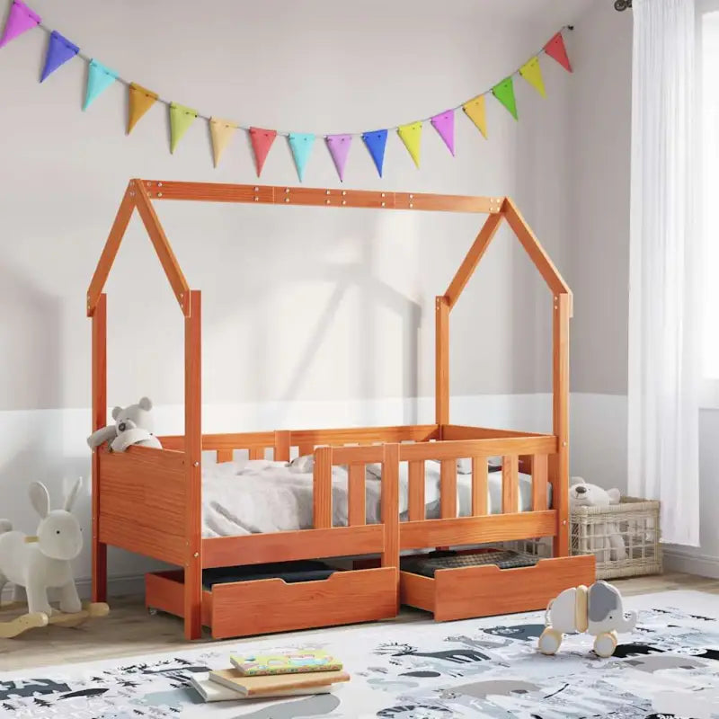 Kinderbed met huisje in massief grenenhout en open dakstructuur - Wasbruin / 70 x 140 cm - Bedden & bedframes