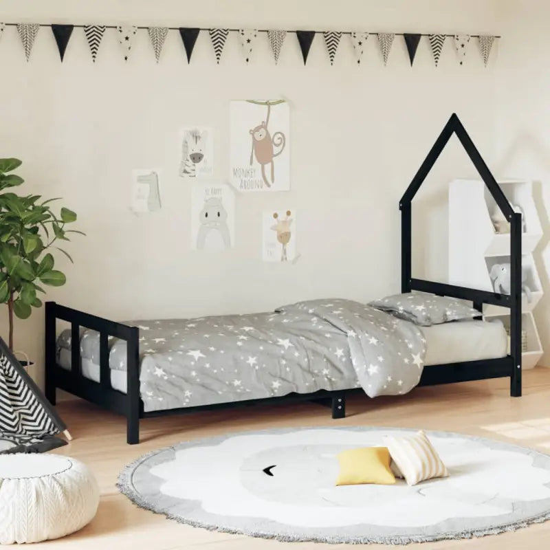 Kinderbed van massief grenenhout voor een gezellige en duurzame slaapkamer - Zwart / 90 x 190 cm - Peuter- &