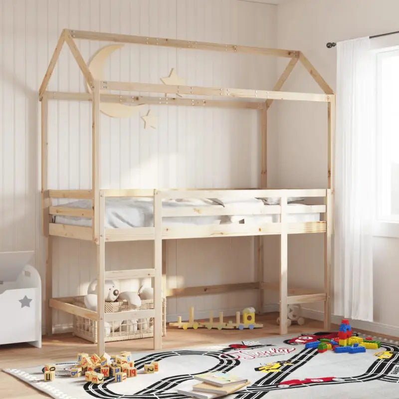 Kinderbedhuisje met open zijdeur van massief grenenhout - Naturel / 207 x 80.5 x 151.5 cm - Accessoires voor bedden