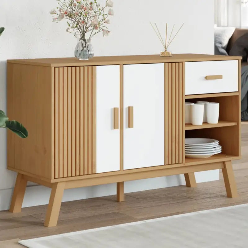 Klassiek dressoir van massief grenenhout met houten poten - Wit en bruin / 1 - Dressoirs & buffetkasten