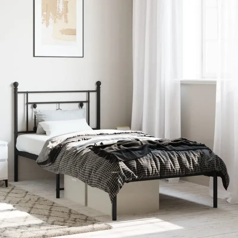 Klassiek metalen bedframe met extra opbergruimte en metalen latten - Zwart / 90 x 200 cm / met hoofdbord - Bedden &