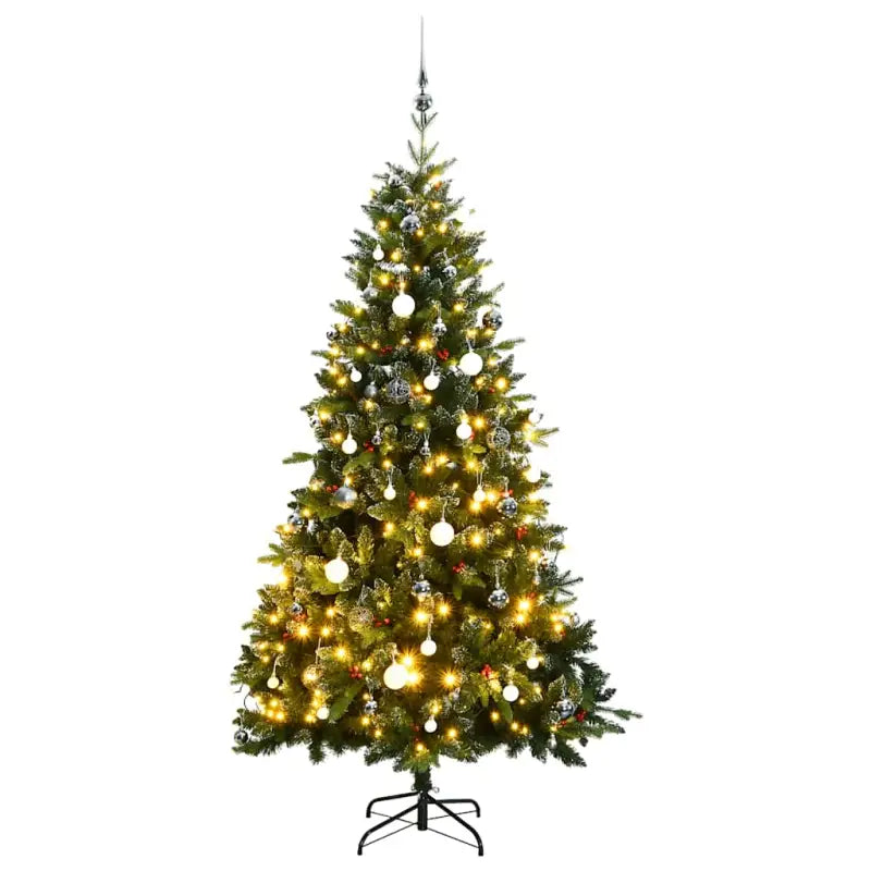 Levensechte kunstkerstboom met rode bessen en automatische takken - 120 cm / 1 / met LED’s en witte ballen - Kerstbomen