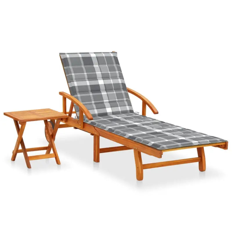 Ligstoel van massief acaciahout voor tuin en terras - Grijs ruitpatroon / 1 / 1 ligbed met tafel - Ligstoelen