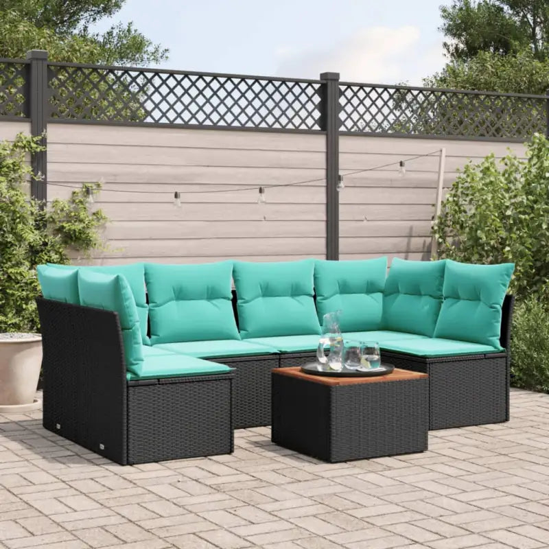 Lounge tuinset van poly rattan met gepoedercoat staal en ruime afmetingen - Zwart / Tafel + 2x hoek + 4x midden