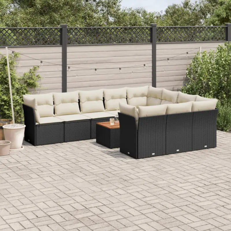 Lounge tuinstoelen van poly rattan en gepoedercoat staal - Zwart en crème / 6x midden + 4x hoek + Tafel - Tuinsets