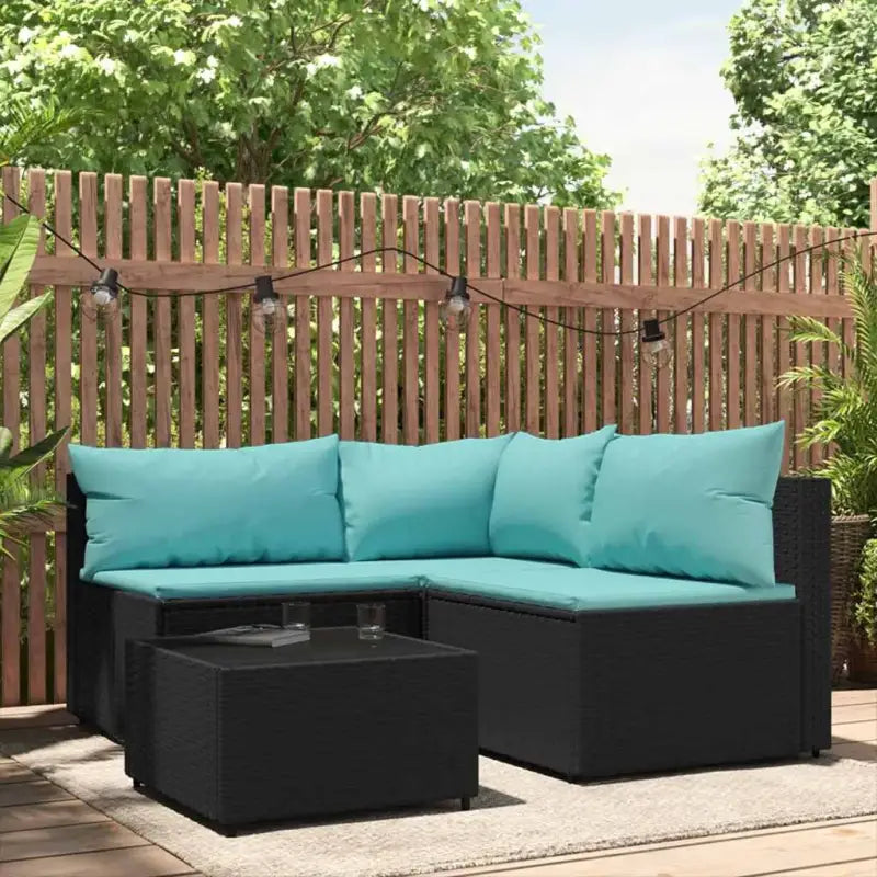 Loungebank met poly rattan en afmetingen kussen voor tuinplezier - Zwart en blauw / 1 / hoek + 2x midden + Tafel