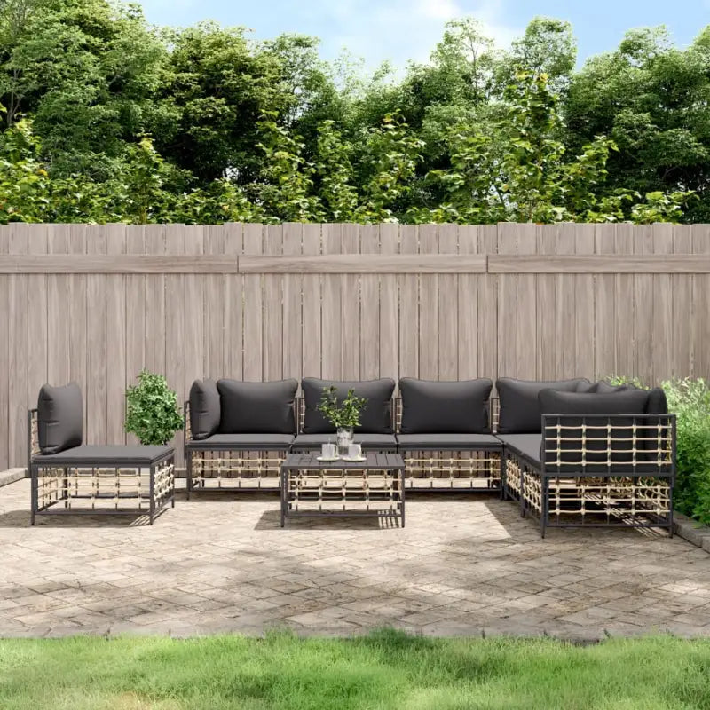 Loungebank van poly rattan met antraciet materiaal en gepoedercoat staal - 1 / Donkergrijs / 3x hoek + 4x midden