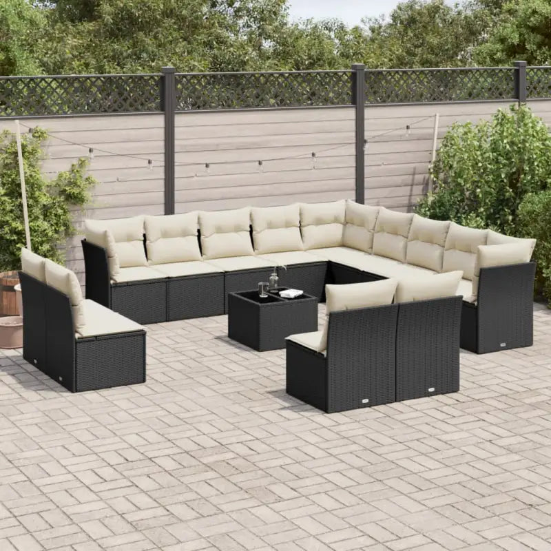 Loungebank van poly rattan met comfortabele zitervaring en gepoedercoat staal - Zwart en crème / Met tafel - Tuinsets