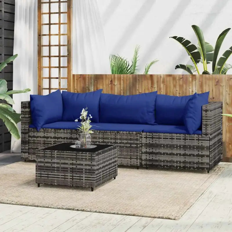 Loungebanken met poly rattan en eenvoudig schoon design - Grijs en blauw / 1 / 2x hoek + midden + Tafel - Loungebanken