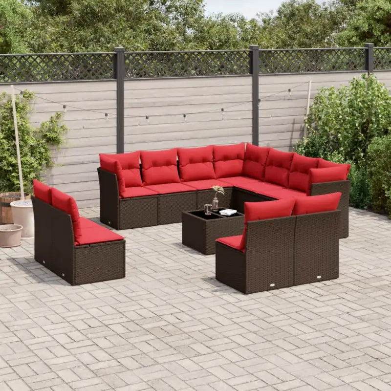 Loungeset in bruin materiaal met gepoedercoat staal en poly rattan - Bruin en rood / Met tafel - Tuinsets