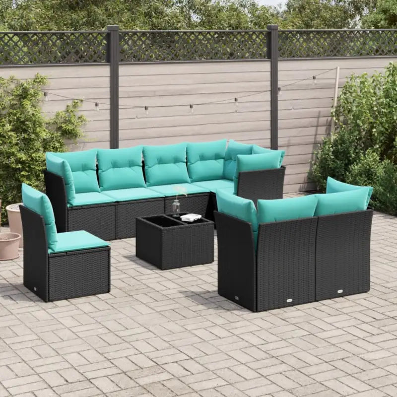 Loungeset met poly rattan en bruin materiaal voor tuin of terras - Zwart en blauw / Met tafel - Tuinsets